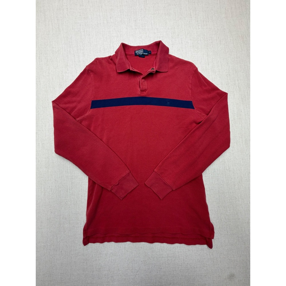 VTG Polo Ralph Lauren Long Sleeve Polo Shirt Mens M Red Navy Stripe Snap Button